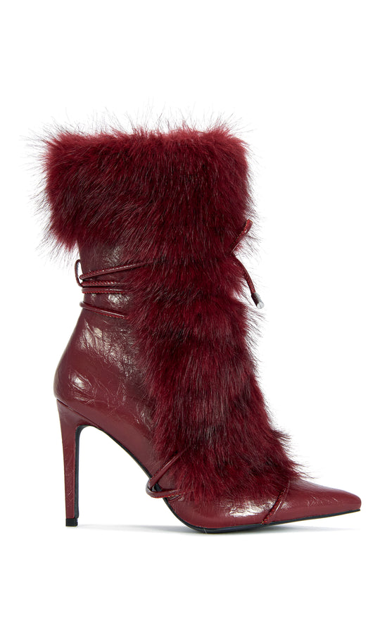 MAHTAMA-BURGUNDY FAUX FUR STILETTO BOOTIE