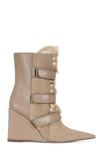 MARANETTE-TAN FAUX FUR WEDGE BOOTIE
