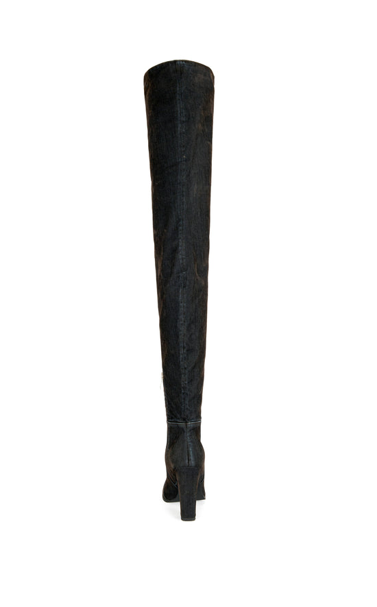 NANETTE-BLACK VELVET DENIM CHUNKY HEELED BOOT