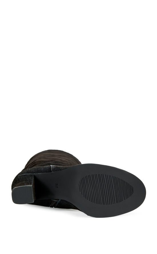 NANETTE-BLACK VELVET DENIM CHUNKY HEELED BOOT