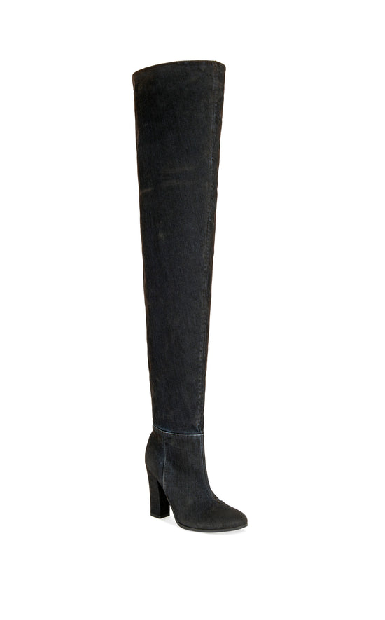 NANETTE-BLACK VELVET DENIM CHUNKY HEELED BOOT