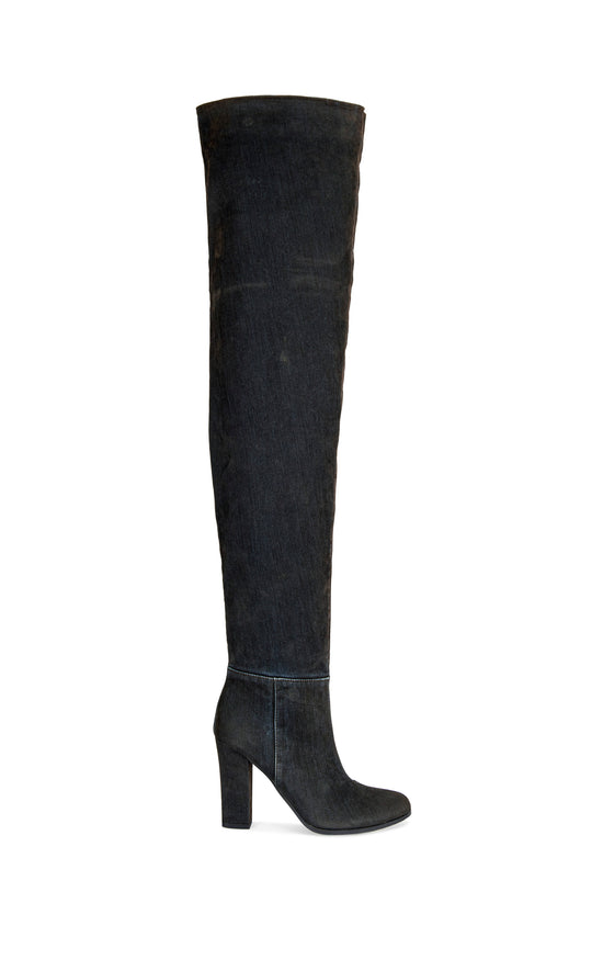 NANETTE-BLACK VELVET DENIM CHUNKY HEELED BOOT