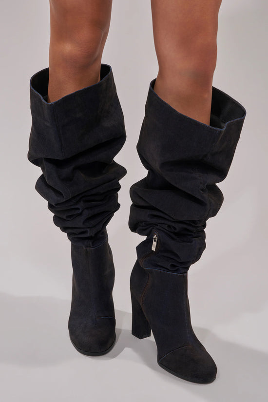 NANETTE-BLACK VELVET DENIM CHUNKY HEELED BOOT
