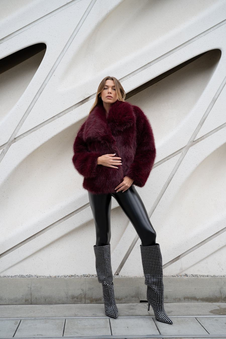 REGINA-BURGUNDY FAUX FUR JACKET
