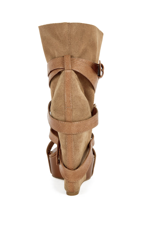 ROTHKO-CAMEL BELTED WEDGE SANDAL BOOTIE