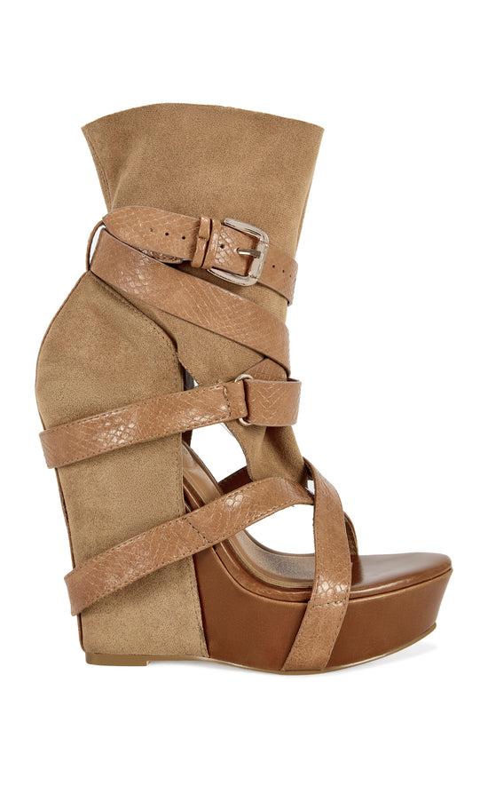 ROTHKO-CAMEL BELTED WEDGE SANDAL BOOTIE