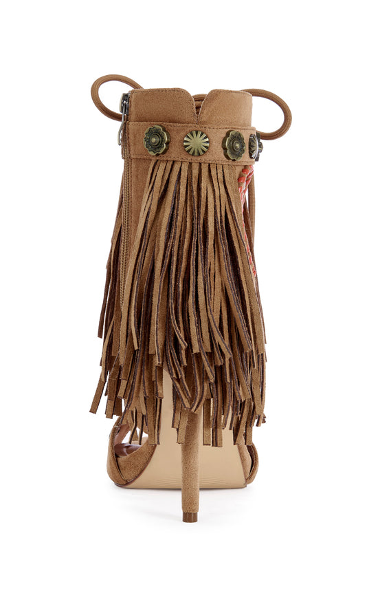 SALGADO-TAN FRINGE STILETTO GLADIATOR SANDAL