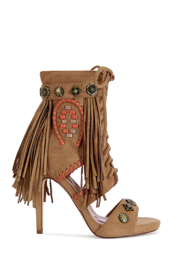 SALGADO-TAN FRINGE STILETTO GLADIATOR SANDAL