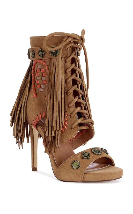 SALGADO-TAN FRINGE STILETTO GLADIATOR SANDAL