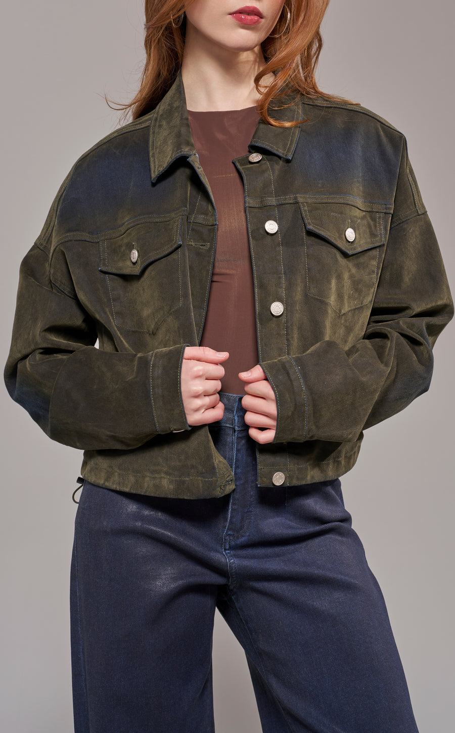 SAMPSON-OLIVE DENIM OUTERWEAR | AZALEA WANG
