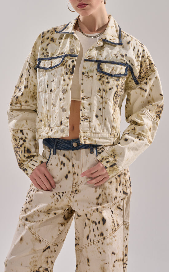 SANTANA-IVORYMULTI COW PRINT DENIM JACKET