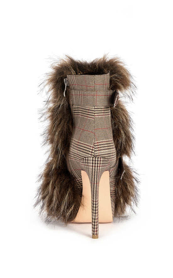 SERIOUS-BROWNPLAID FAUX FUR STILETTO BOOTIE