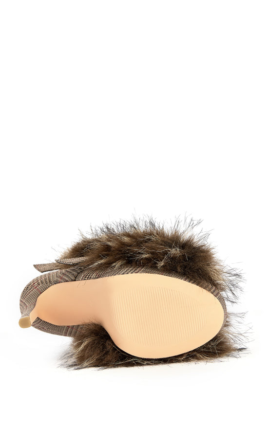 SERIOUS-BROWNPLAID FAUX FUR STILETTO BOOTIE