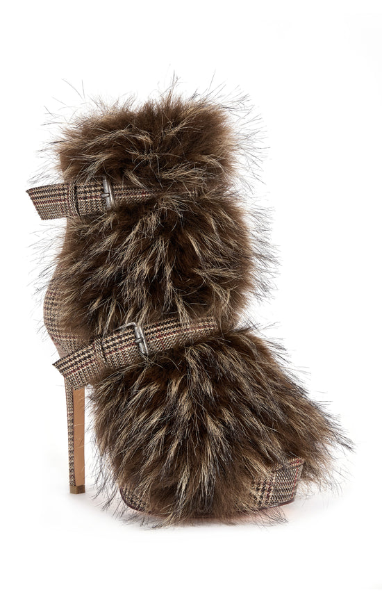 SERIOUS-BROWNPLAID FAUX FUR STILETTO BOOTIE