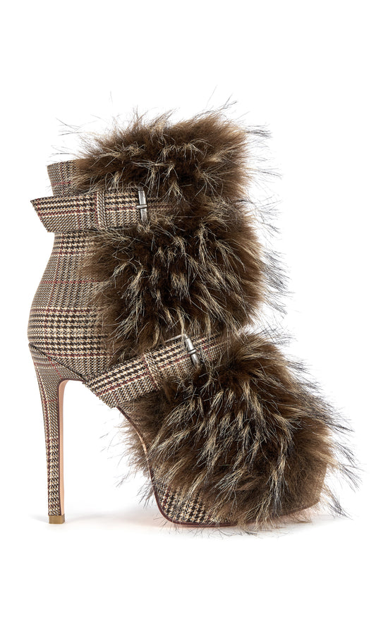 SERIOUS-BROWNPLAID FAUX FUR STILETTO BOOTIE