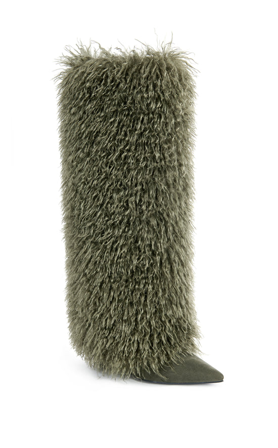 SOLARA-OLIVE FAUX FUR WEDGE BOOT