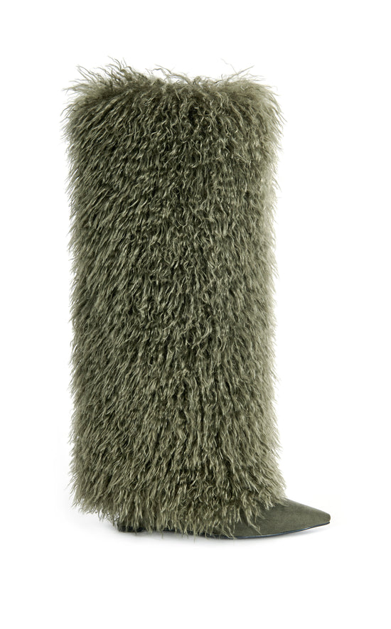 SOLARA-OLIVE FAUX FUR WEDGE BOOT