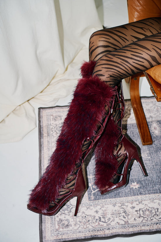 STAMOS-MERLOT FAUX FUR GLADIATOR SANDAL BOOT