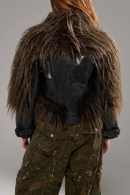 TAHLIS-ESPRESSO FAUX FUR MOTO JACKET