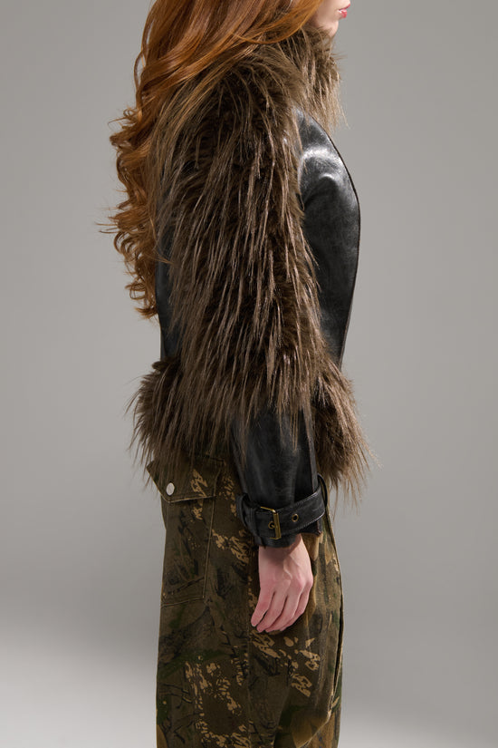 TAHLIS-ESPRESSO FAUX FUR MOTO JACKET