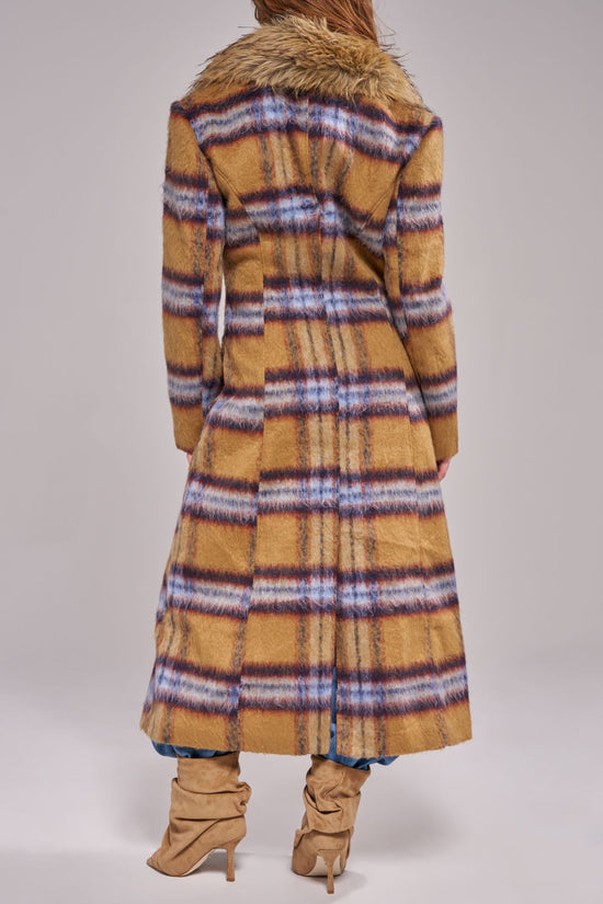 TALORA-TANPLAID LONG FAUX FUR TRENCH COAT
