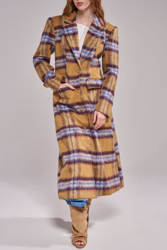 TALORA-TANPLAID LONG FAUX FUR TRENCH COAT