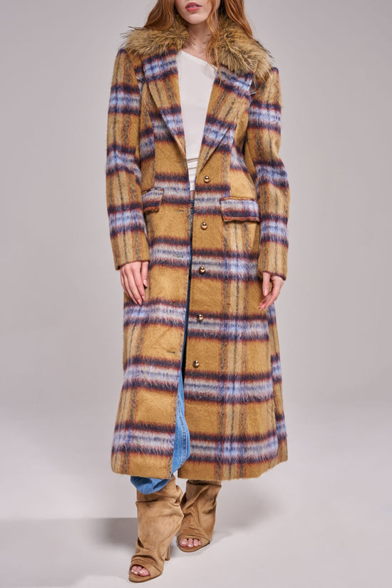 TALORA-TANPLAID LONG FAUX FUR TRENCH COAT