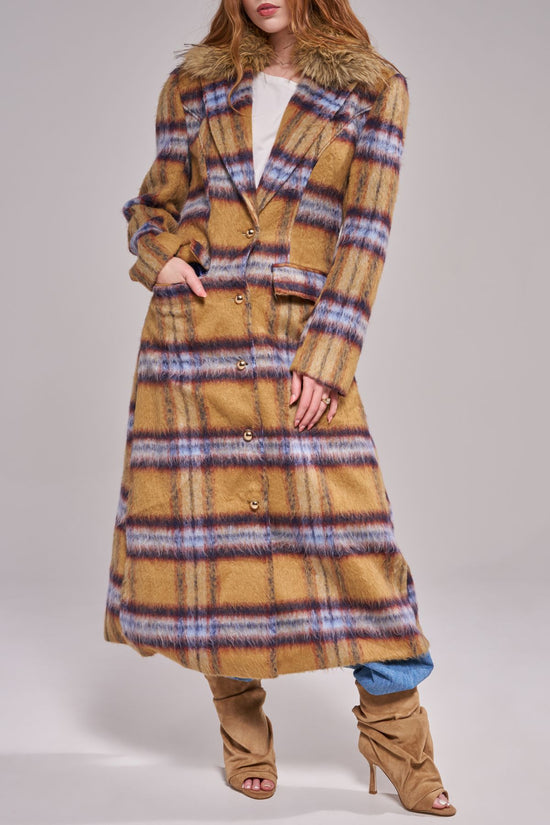 TALORA-TANPLAID LONG FAUX FUR TRENCH COAT