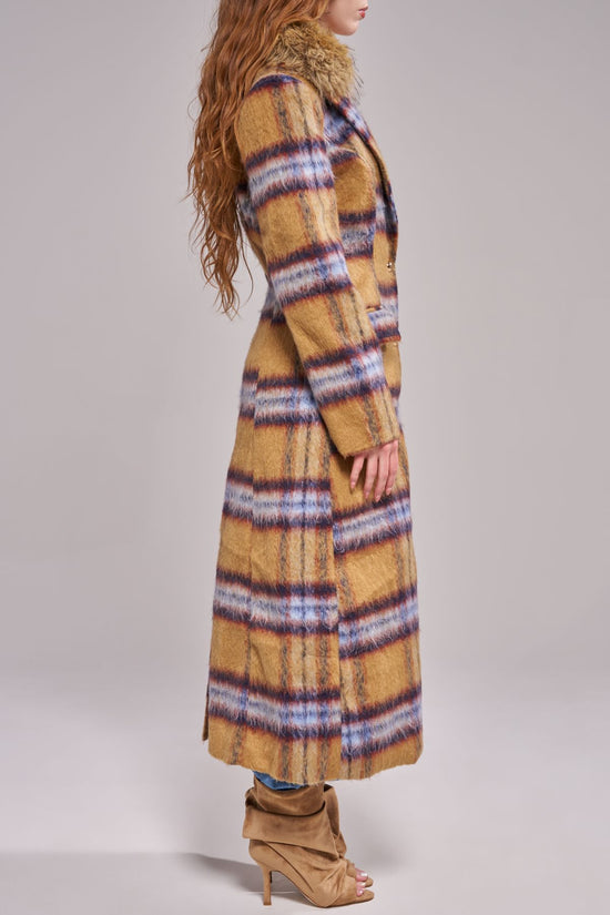 TALORA-TANPLAID LONG FAUX FUR TRENCH COAT