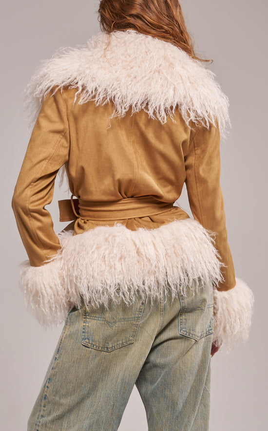 TORI-CAMEL FAUX FUR TRENCH JACKET