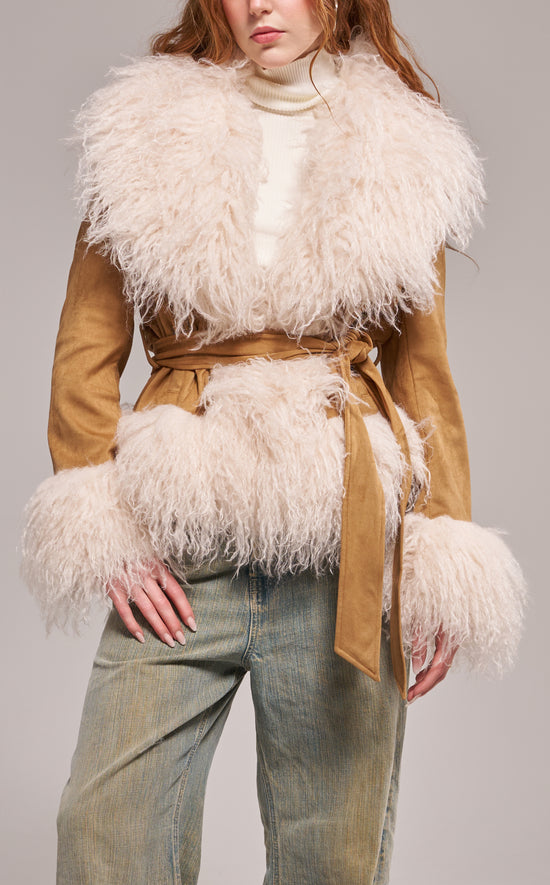 TORI-CAMEL FAUX FUR TRENCH JACKET