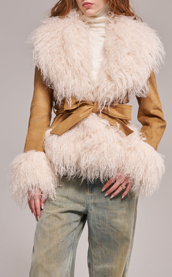 TORI-CAMEL FAUX FUR TRENCH JACKET