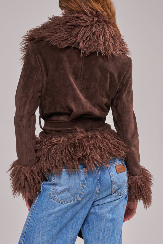 TORI-CHOCOLATE FAUX FUR TRENCH JACKET