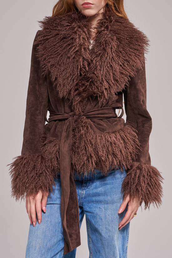 TORI-CHOCOLATE FAUX FUR TRENCH JACKET