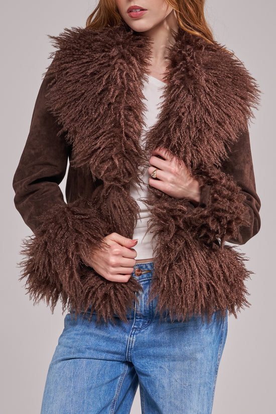 TORI-CHOCOLATE FAUX FUR TRENCH JACKET