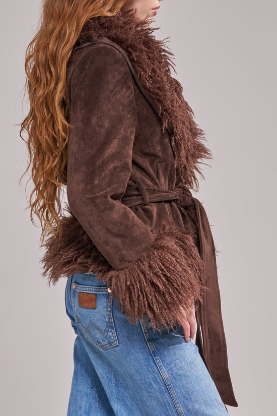 TORI-CHOCOLATE FAUX FUR TRENCH JACKET