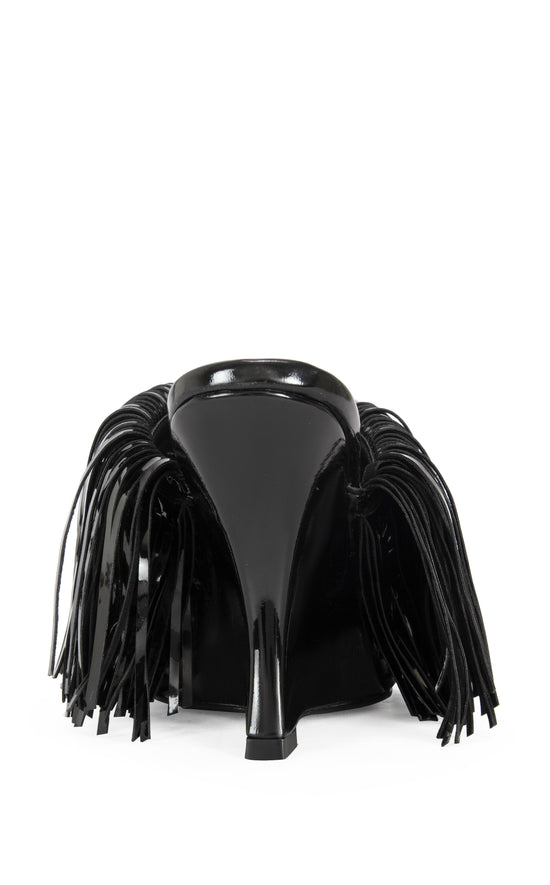 VAILYN-BLACK PATENT FRINGE WEDGE SANDAL