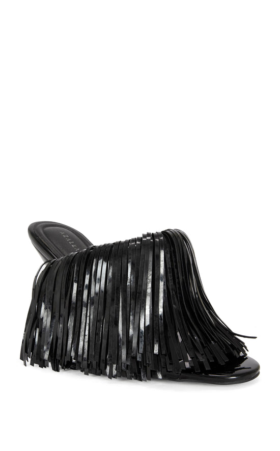 VAILYN-BLACK PATENT FRINGE WEDGE SANDAL