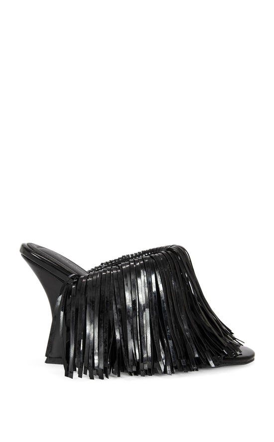 VAILYN-BLACK PATENT FRINGE WEDGE SANDAL