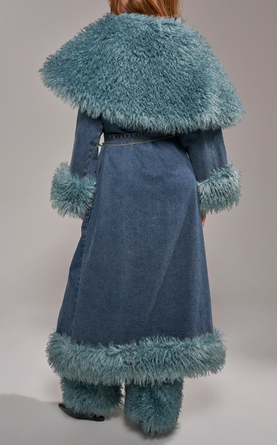 VELLUM-DENIM FAUX FUR TRENCH COAT