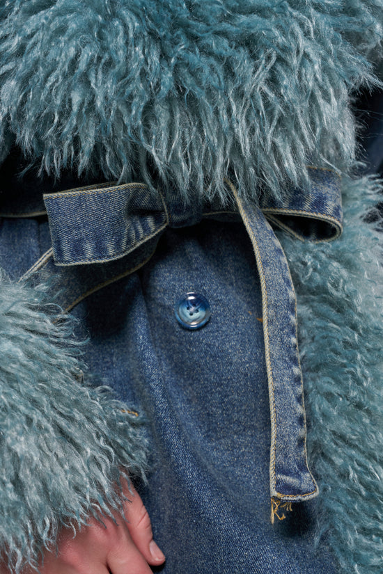 VELLUM-DENIM FAUX FUR TRENCH COAT
