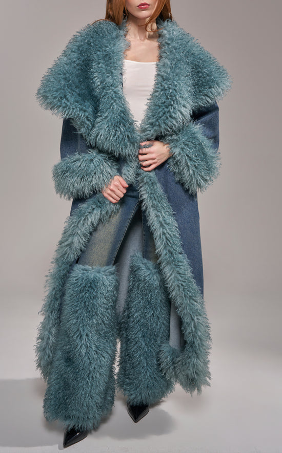 VELLUM-DENIM FAUX FUR TRENCH COAT