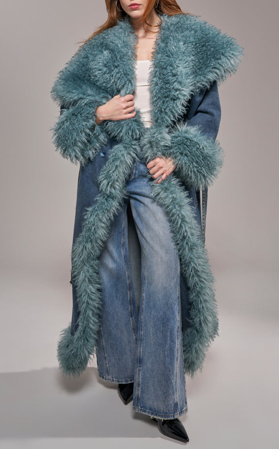 VELLUM-DENIM FAUX FUR TRENCH COAT