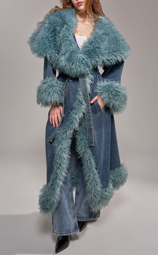VELLUM-DENIM FAUX FUR TRENCH COAT