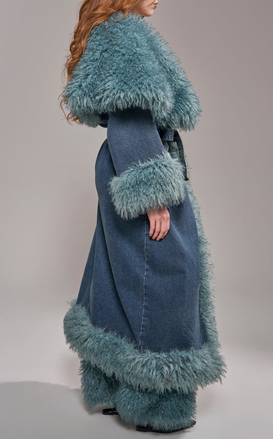 VELLUM-DENIM FAUX FUR TRENCH COAT