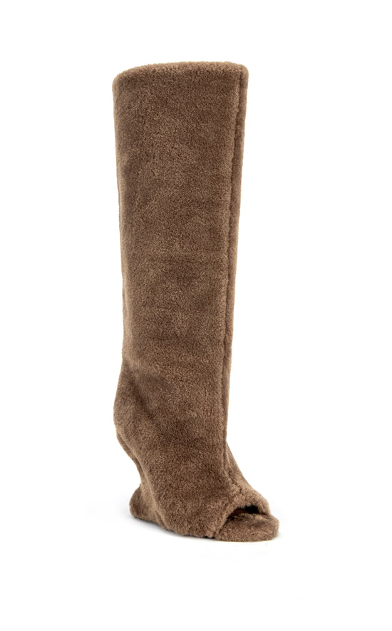 VINCENT BROWN SHEARLING PEEP TOE WEDGE BOOT