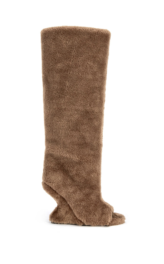VINCENT BROWN SHEARLING PEEP TOE WEDGE BOOT