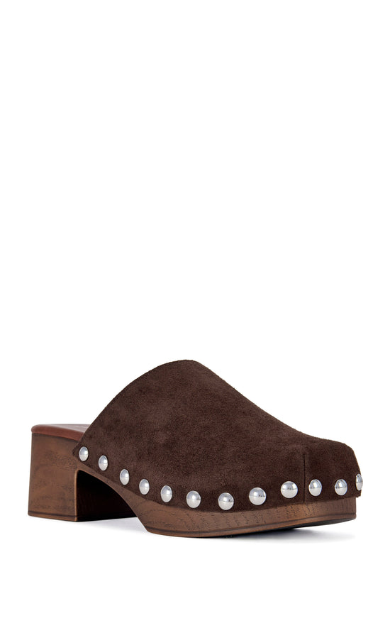 WALINDA-CHOCOLATE GENUINE SUEDE STUDDED CLOG
