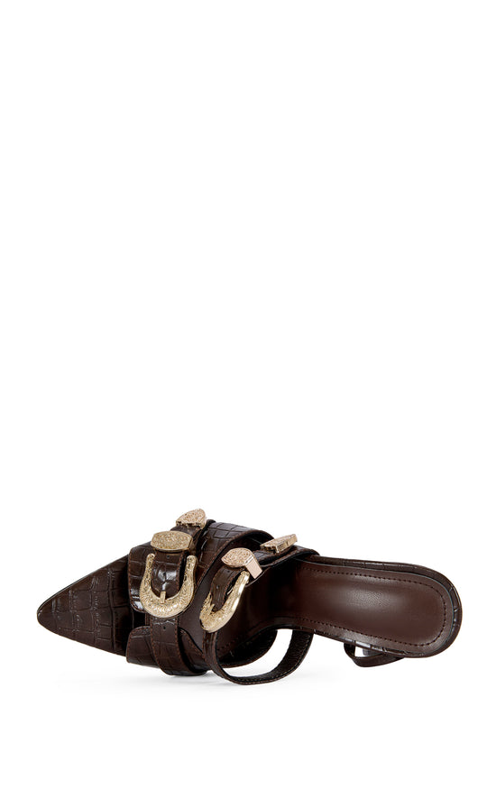 WESTBROOK-CHOCOLATE WESTERN WRAP-AROUND STILETTO SANDAL