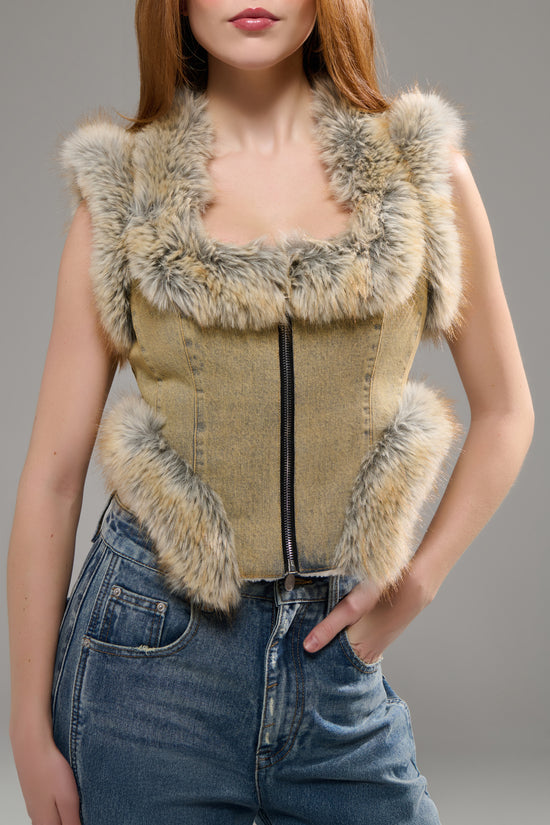 ZORAYA-DENIM CANVAS FAUX FUR TRIM VEST
